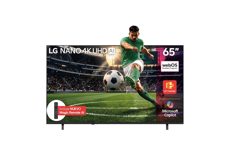 Vista frontal de TV LG NANO 4K UHD AI NU855 de 65 pulgadas 2026 65NU855BPSA